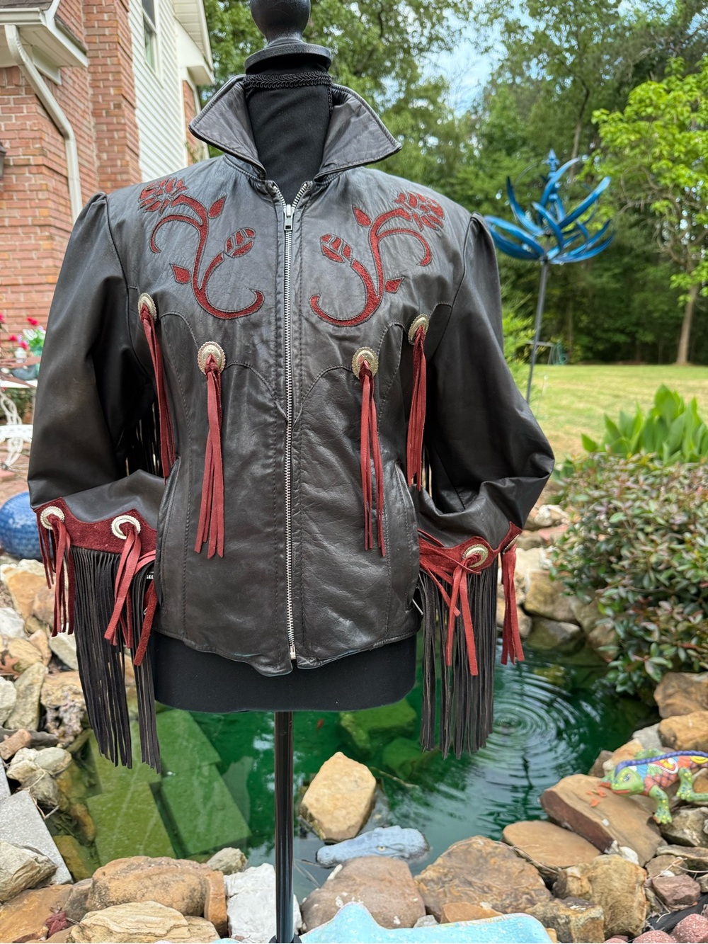Black Leather Bomber Jacket with Red Fringe & Embroidered Accents - Picture 3 of 11